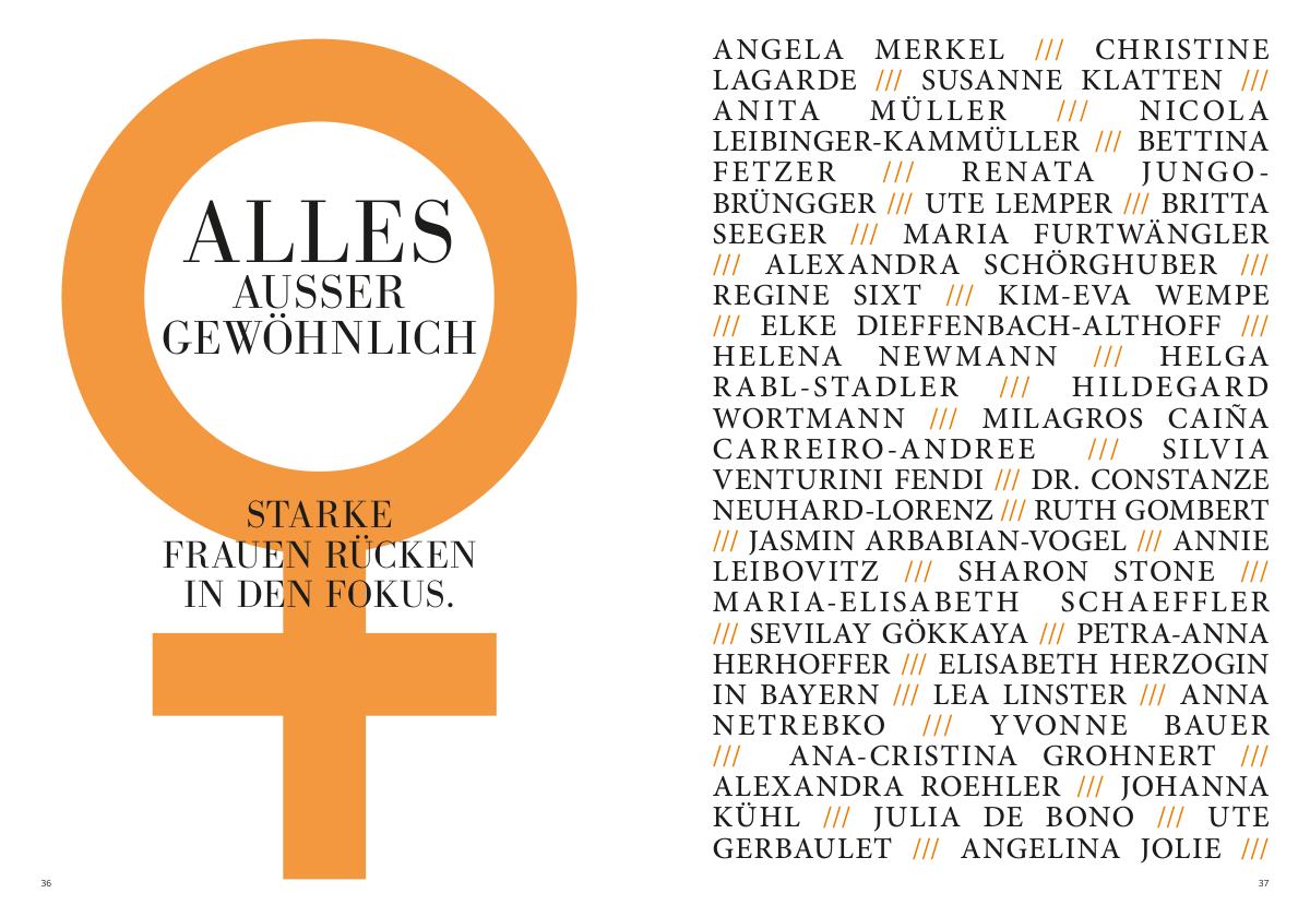 Typografische Doppelseite über starke Frauen, mit orangefarbenem Signet