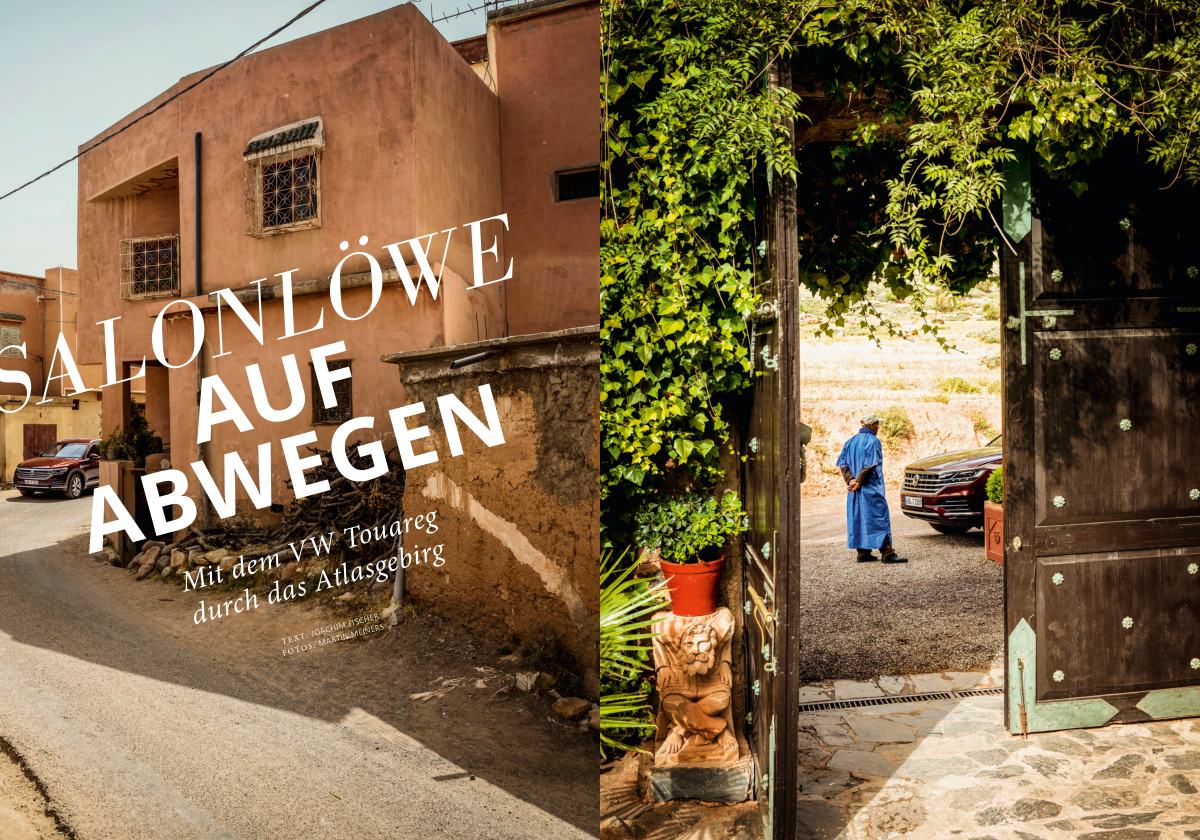 Aufmacher-Doppelseite: VW Touareg in einer Gasse im Atlasgebirge
